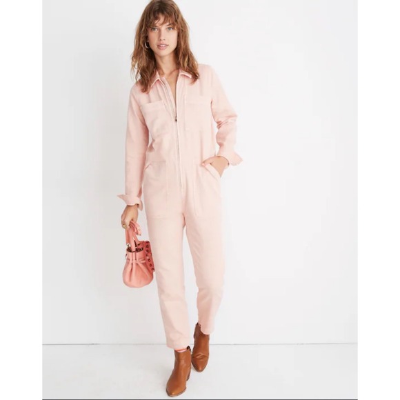 Madewell Pink Utility Boiler Suit Jumpsuit Long Sleeve Zip Front Pockets Size S - Picture 1 of 15